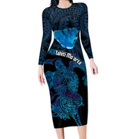 Personalised Tahiti Moorea Atoll Family Matching Long Sleeve Bodycon Dress and Hawaiian Shirt Polynesian Sea Turtle LT14 Mom's Dress Blue - Polynesian Pride