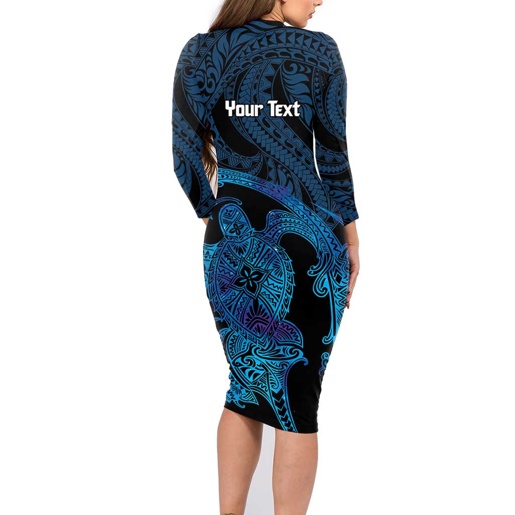 Personalised Tahiti Moorea Atoll Family Matching Long Sleeve Bodycon Dress and Hawaiian Shirt Polynesian Sea Turtle LT14 - Polynesian Pride
