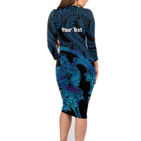 Personalised Tahiti Moorea Atoll Family Matching Long Sleeve Bodycon Dress and Hawaiian Shirt Polynesian Sea Turtle LT14 - Polynesian Pride