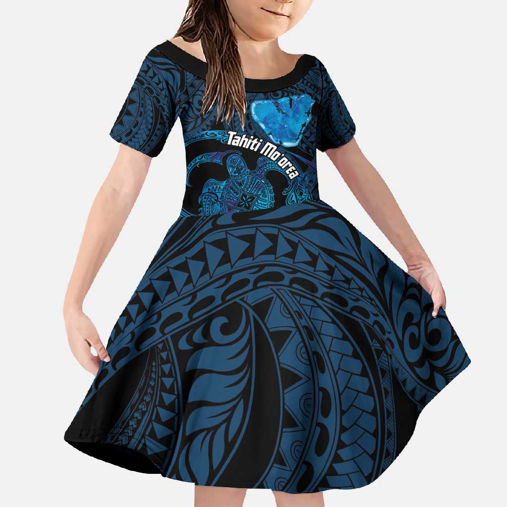 Personalised Tahiti Moorea Atoll Family Matching Mermaid Dress and Hawaiian Shirt Polynesian Sea Turtle LT14 Daughter's Dress Blue - Polynesian Pride