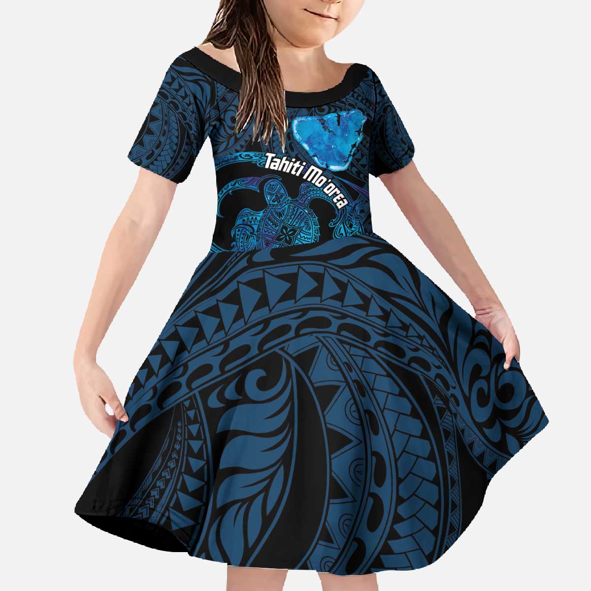 Personalised Tahiti Moorea Atoll Family Matching Off The Shoulder Long Sleeve Dress and Hawaiian Shirt Polynesian Sea Turtle LT14 Daughter's Dress Blue - Polynesian Pride