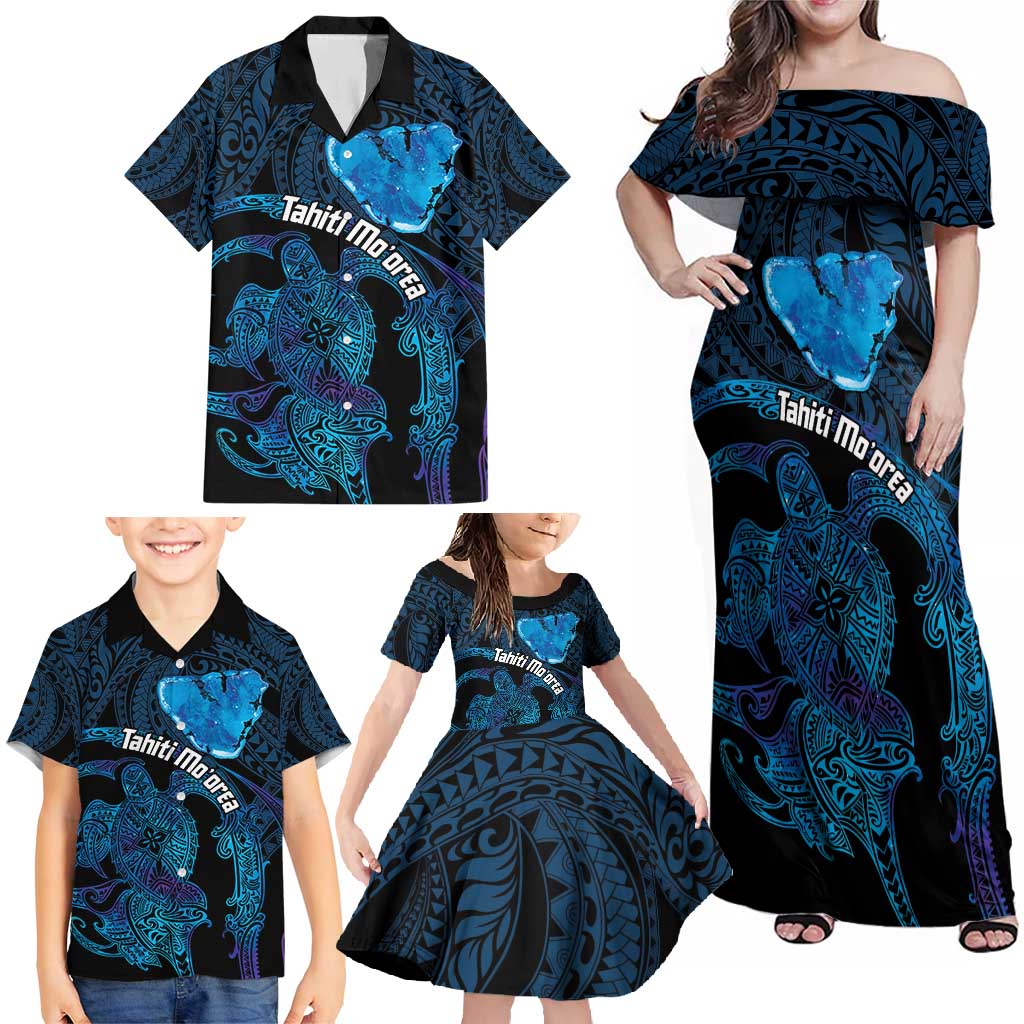 Personalised Tahiti Moorea Atoll Family Matching Off Shoulder Maxi Dress and Hawaiian Shirt Polynesian Sea Turtle LT14 - Polynesian Pride