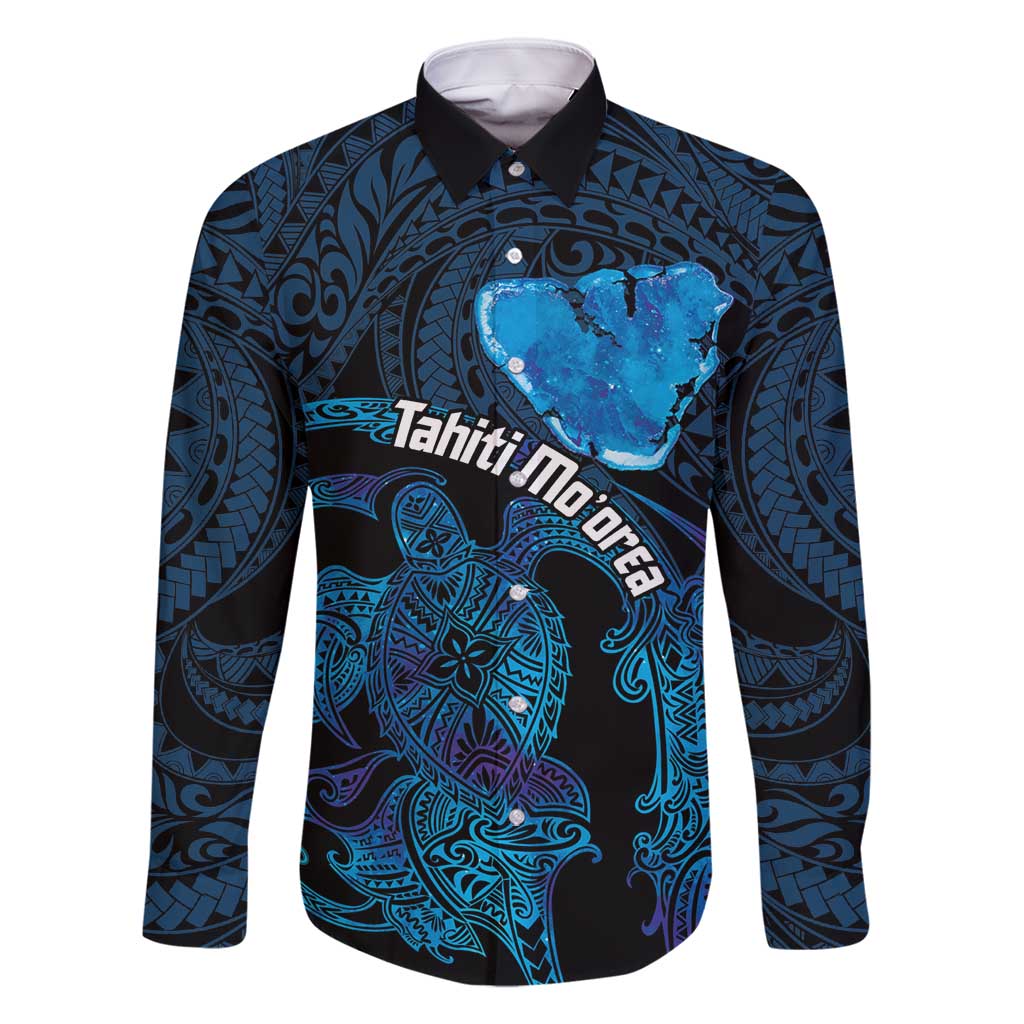 Personalised Tahiti Moorea Atoll Family Matching Off Shoulder Maxi Dress and Hawaiian Shirt Polynesian Sea Turtle LT14 Dad's Shirt - Long Sleeve Blue - Polynesian Pride