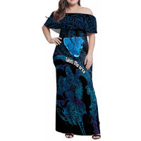 Personalised Tahiti Moorea Atoll Family Matching Off Shoulder Maxi Dress and Hawaiian Shirt Polynesian Sea Turtle LT14 Mom's Dress Blue - Polynesian Pride