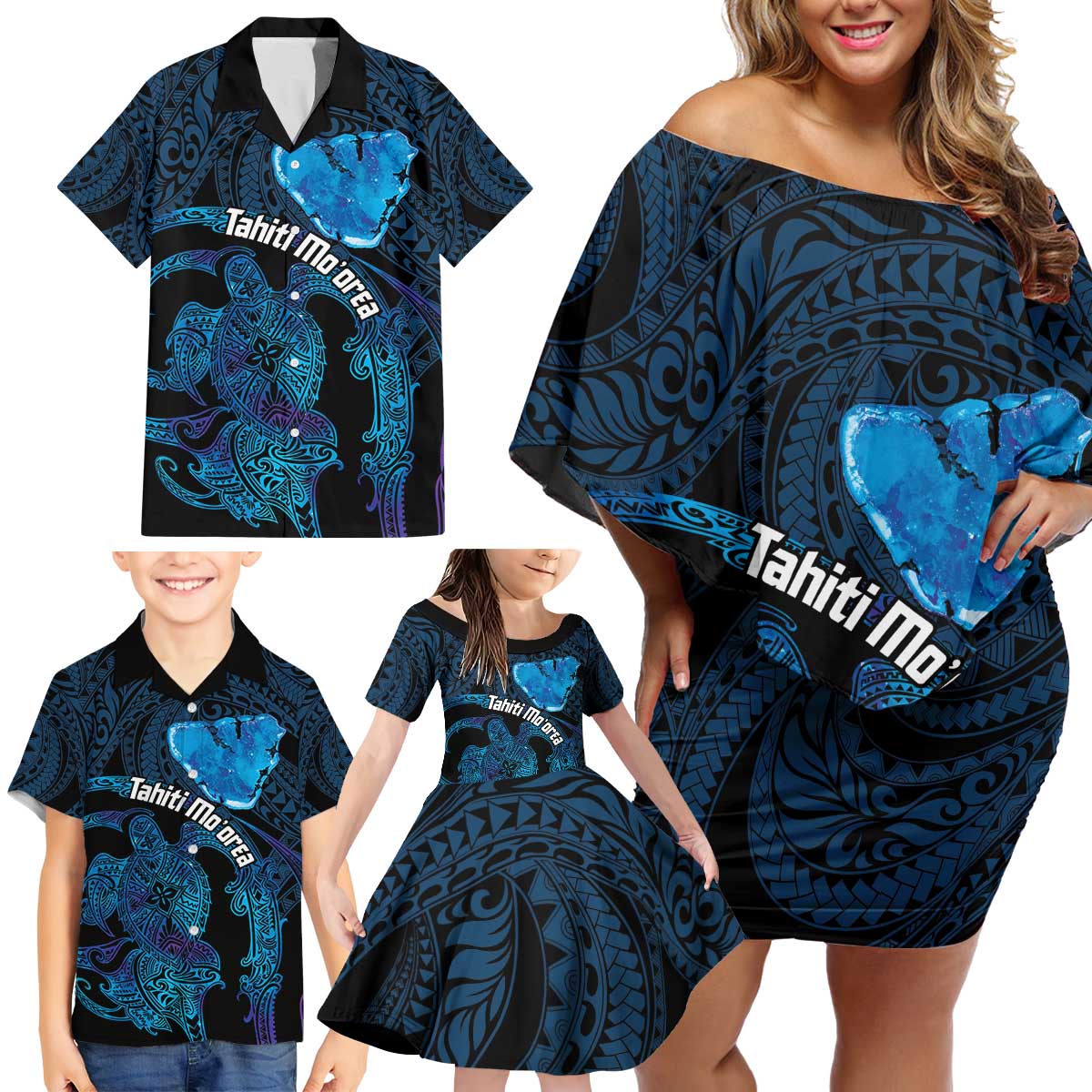 Personalised Tahiti Moorea Atoll Family Matching Off Shoulder Short Dress and Hawaiian Shirt Polynesian Sea Turtle LT14 - Polynesian Pride