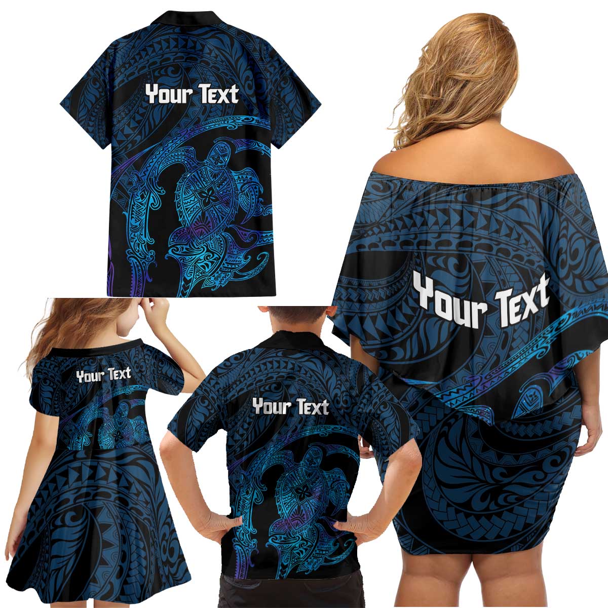 Personalised Tahiti Moorea Atoll Family Matching Off Shoulder Short Dress and Hawaiian Shirt Polynesian Sea Turtle LT14 - Polynesian Pride