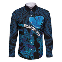 Personalised Tahiti Moorea Atoll Family Matching Off Shoulder Short Dress and Hawaiian Shirt Polynesian Sea Turtle LT14 Dad's Shirt - Long Sleeve Blue - Polynesian Pride