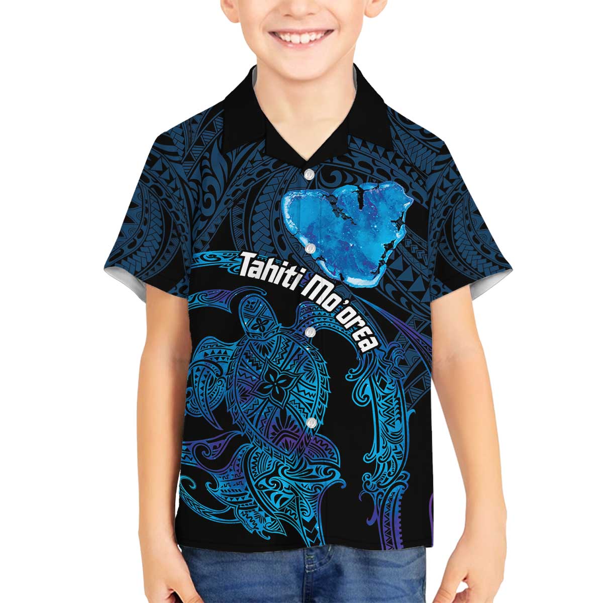 Personalised Tahiti Moorea Atoll Family Matching Off Shoulder Short Dress and Hawaiian Shirt Polynesian Sea Turtle LT14 Son's Shirt Blue - Polynesian Pride