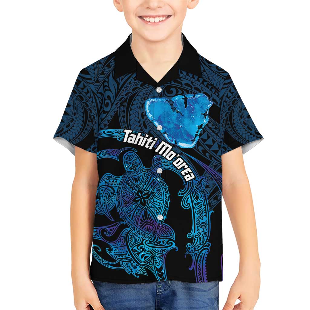 Personalised Tahiti Moorea Atoll Family Matching Short Sleeve Bodycon Dress and Hawaiian Shirt Polynesian Sea Turtle LT14 Son's Shirt Blue - Polynesian Pride