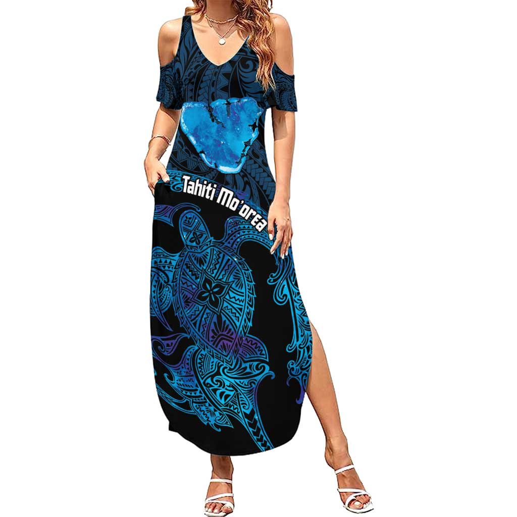 Personalised Tahiti Moorea Atoll Family Matching Summer Maxi Dress and Hawaiian Shirt Polynesian Sea Turtle LT14 Mom's Dress Blue - Polynesian Pride