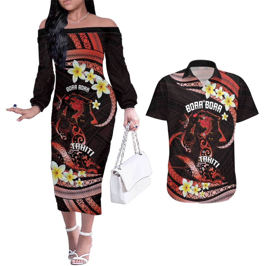 Personalised Tahiti Bora Bora Couples Matching Off The Shoulder Long Sleeve Dress and Hawaiian Shirt Manta Rays With Polynesian Plumeria LT14 Red - Polynesian Pride