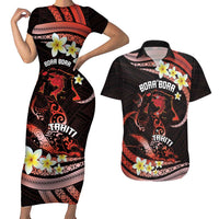 Personalised Tahiti Bora Bora Couples Matching Short Sleeve Bodycon Dress and Hawaiian Shirt Manta Rays With Polynesian Plumeria LT14 Red - Polynesian Pride