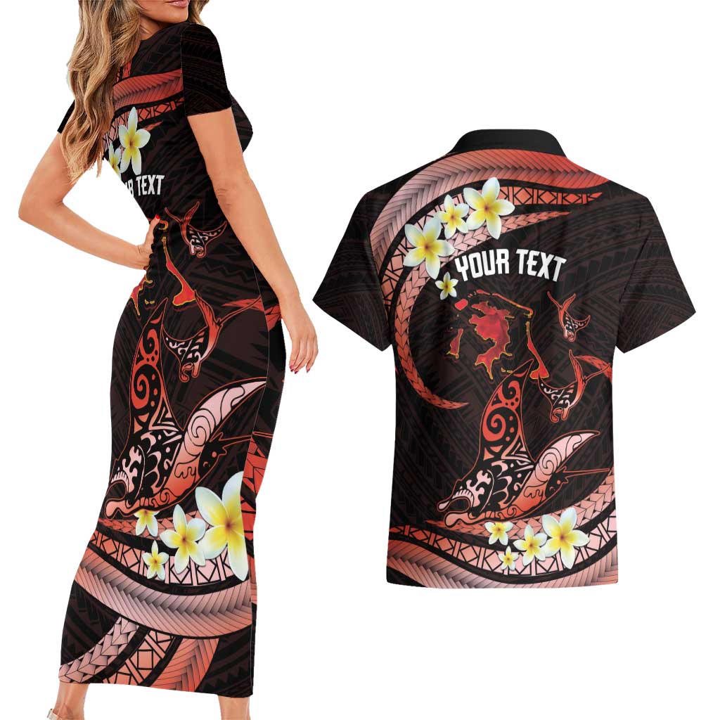 Personalised Tahiti Bora Bora Couples Matching Short Sleeve Bodycon Dress and Hawaiian Shirt Manta Rays With Polynesian Plumeria LT14 - Polynesian Pride