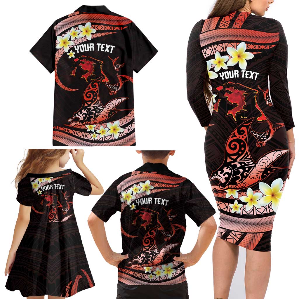 Personalised Tahiti Bora Bora Family Matching Long Sleeve Bodycon Dress and Hawaiian Shirt Manta Rays With Polynesian Plumeria LT14 - Polynesian Pride