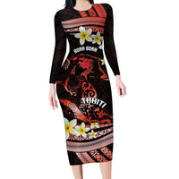 Personalised Tahiti Bora Bora Family Matching Long Sleeve Bodycon Dress and Hawaiian Shirt Manta Rays With Polynesian Plumeria LT14 Mom's Dress Red - Polynesian Pride