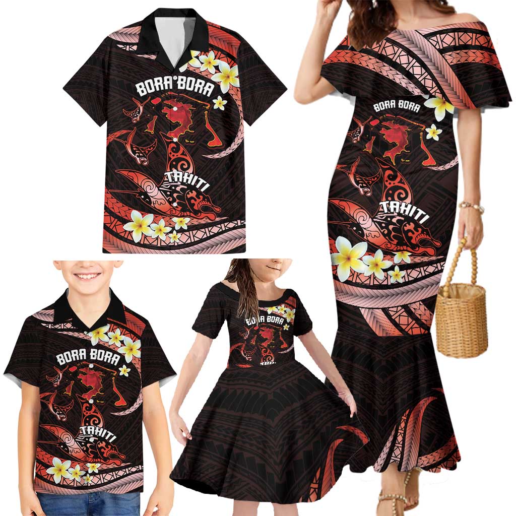 Personalised Tahiti Bora Bora Family Matching Mermaid Dress and Hawaiian Shirt Manta Rays With Polynesian Plumeria LT14 - Polynesian Pride