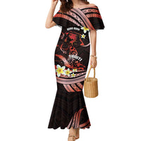 Personalised Tahiti Bora Bora Family Matching Mermaid Dress and Hawaiian Shirt Manta Rays With Polynesian Plumeria LT14 Mom's Dress Red - Polynesian Pride