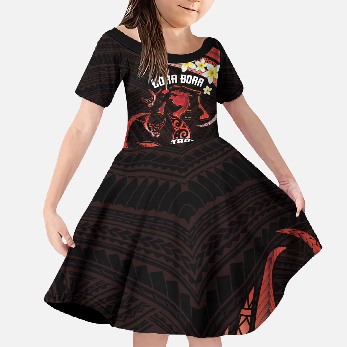 Personalised Tahiti Bora Bora Family Matching Off The Shoulder Long Sleeve Dress and Hawaiian Shirt Manta Rays With Polynesian Plumeria LT14 Daughter's Dress Red - Polynesian Pride