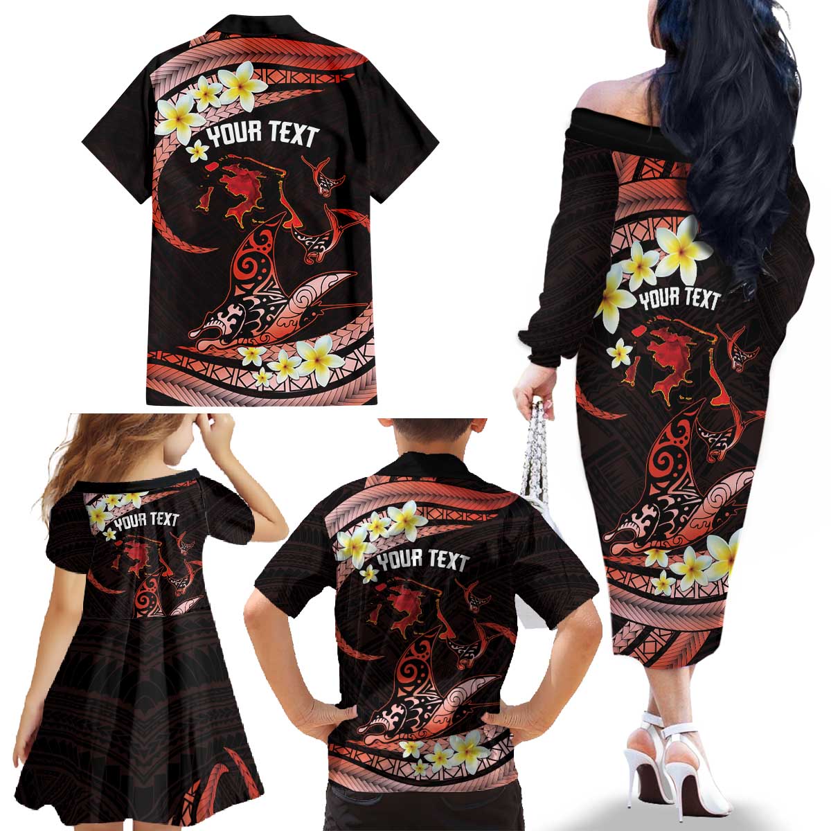 Personalised Tahiti Bora Bora Family Matching Off The Shoulder Long Sleeve Dress and Hawaiian Shirt Manta Rays With Polynesian Plumeria LT14 - Polynesian Pride