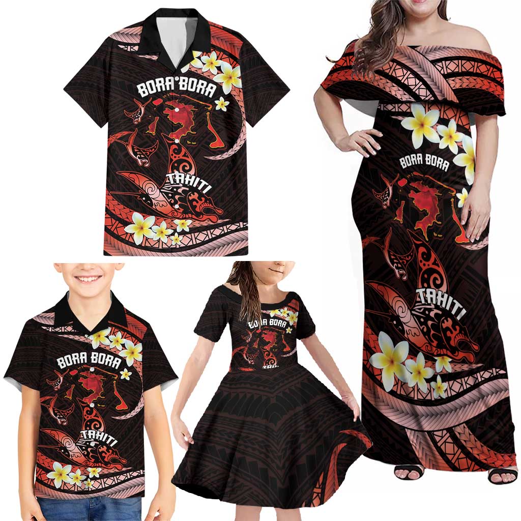 Personalised Tahiti Bora Bora Family Matching Off Shoulder Maxi Dress and Hawaiian Shirt Manta Rays With Polynesian Plumeria LT14 - Polynesian Pride
