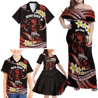 Personalised Tahiti Bora Bora Family Matching Off Shoulder Maxi Dress and Hawaiian Shirt Manta Rays With Polynesian Plumeria LT14 - Polynesian Pride