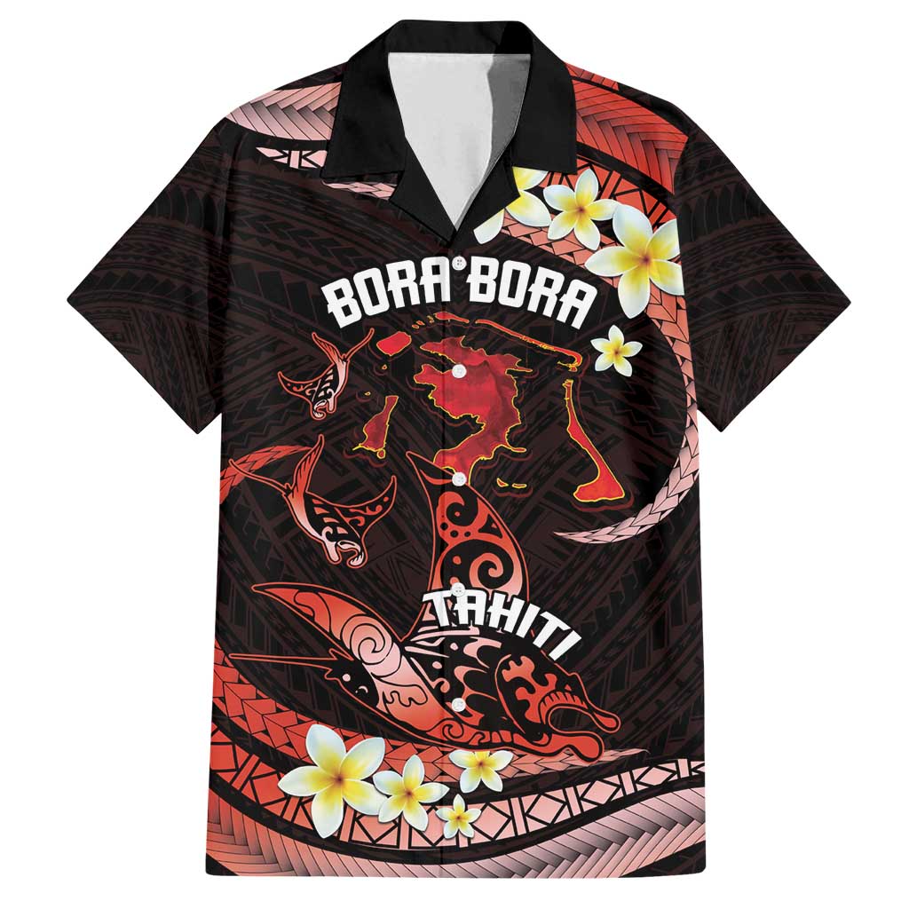 Personalised Tahiti Bora Bora Family Matching Off Shoulder Maxi Dress and Hawaiian Shirt Manta Rays With Polynesian Plumeria LT14 Dad's Shirt - Short Sleeve Red - Polynesian Pride