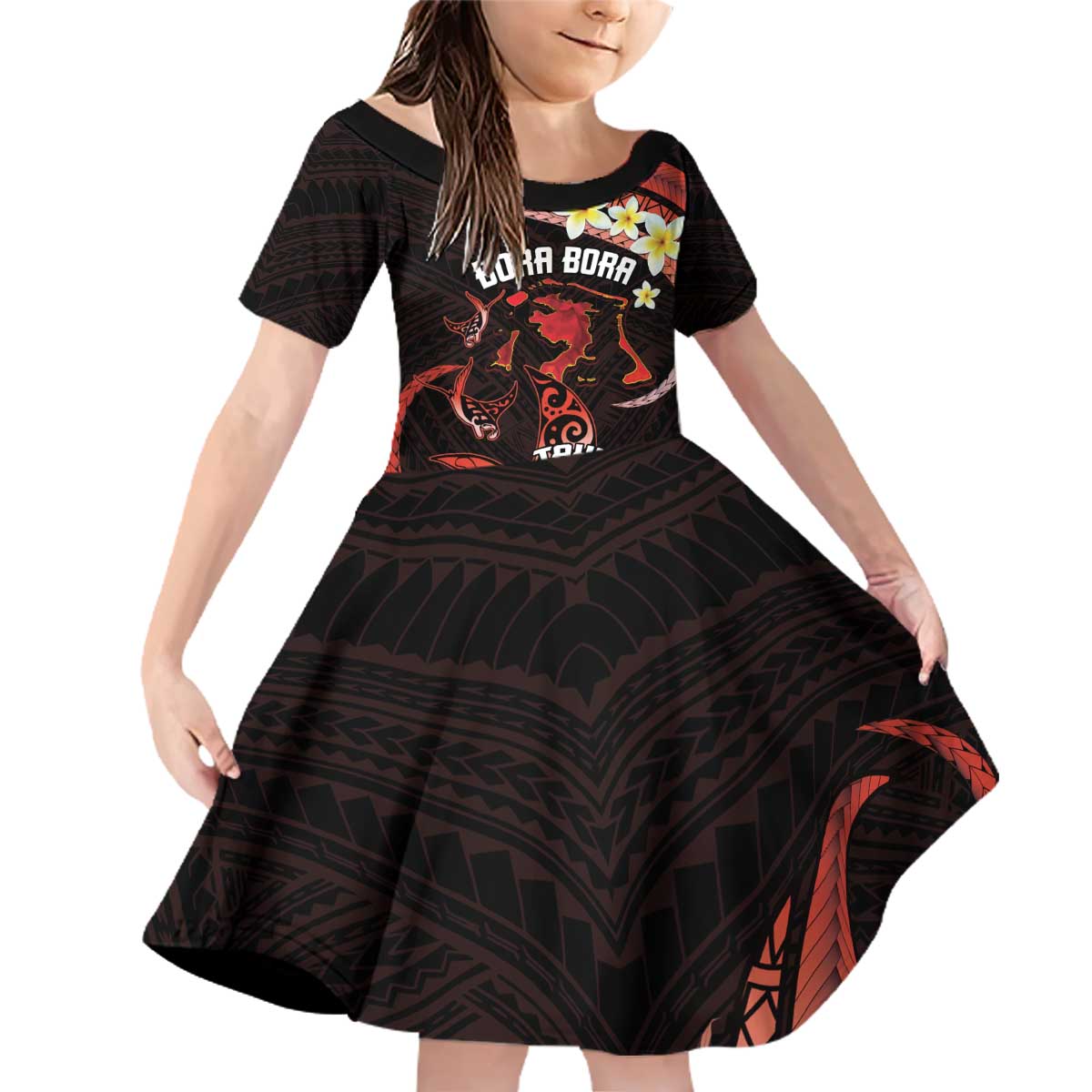 Personalised Tahiti Bora Bora Family Matching Off Shoulder Short Dress and Hawaiian Shirt Manta Rays With Polynesian Plumeria LT14 Daughter's Dress Red - Polynesian Pride