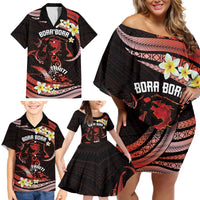 Personalised Tahiti Bora Bora Family Matching Off Shoulder Short Dress and Hawaiian Shirt Manta Rays With Polynesian Plumeria LT14 - Polynesian Pride