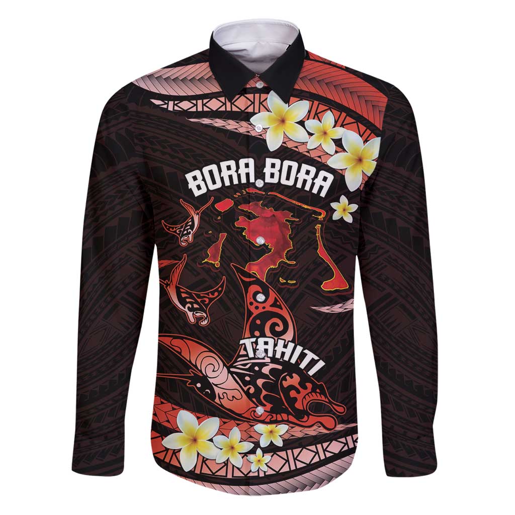 Personalised Tahiti Bora Bora Family Matching Puletasi and Hawaiian Shirt Manta Rays With Polynesian Plumeria LT14 Dad's Shirt - Long Sleeve Red - Polynesian Pride