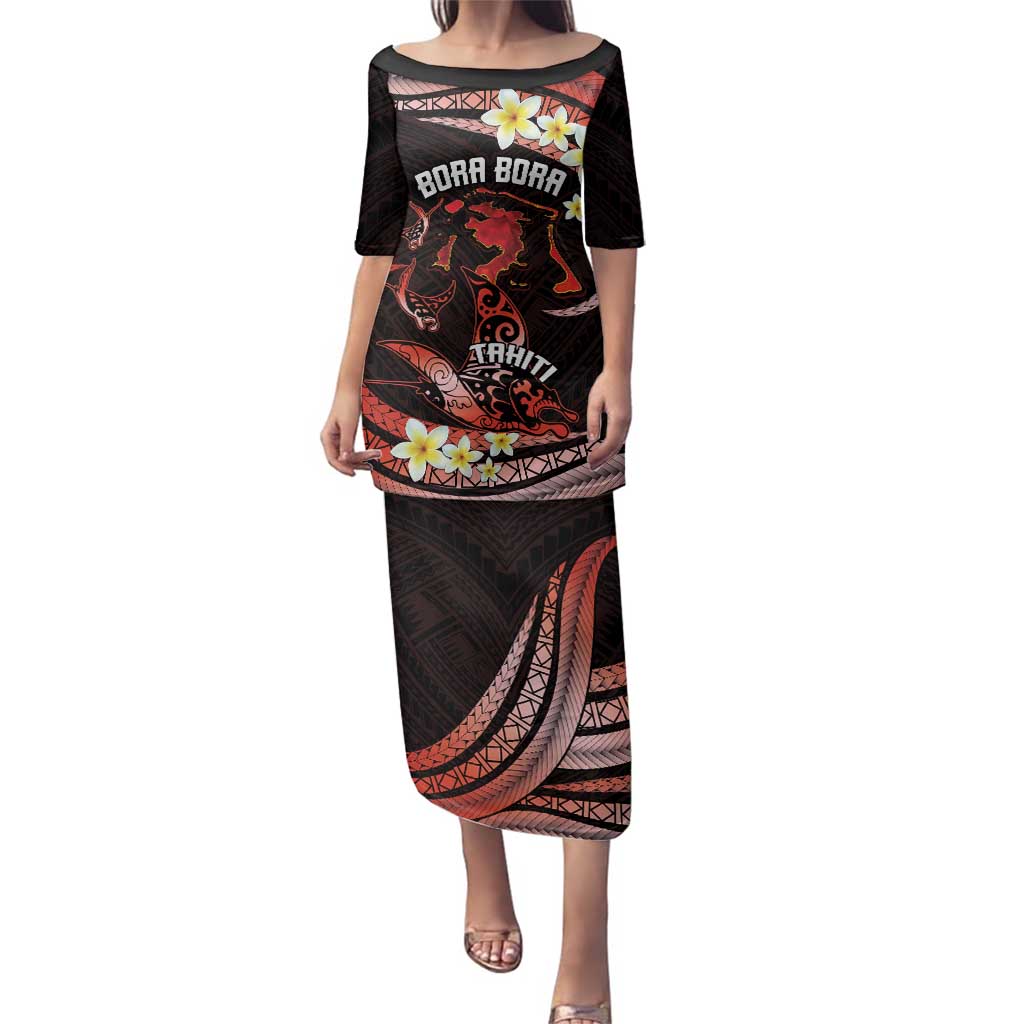 Personalised Tahiti Bora Bora Family Matching Puletasi and Hawaiian Shirt Manta Rays With Polynesian Plumeria LT14 Mom's Dress Red - Polynesian Pride