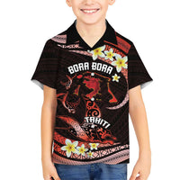 Personalised Tahiti Bora Bora Family Matching Short Sleeve Bodycon Dress and Hawaiian Shirt Manta Rays With Polynesian Plumeria LT14 Son's Shirt Red - Polynesian Pride