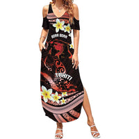 Personalised Tahiti Bora Bora Family Matching Summer Maxi Dress and Hawaiian Shirt Manta Rays With Polynesian Plumeria LT14 Mom's Dress Red - Polynesian Pride