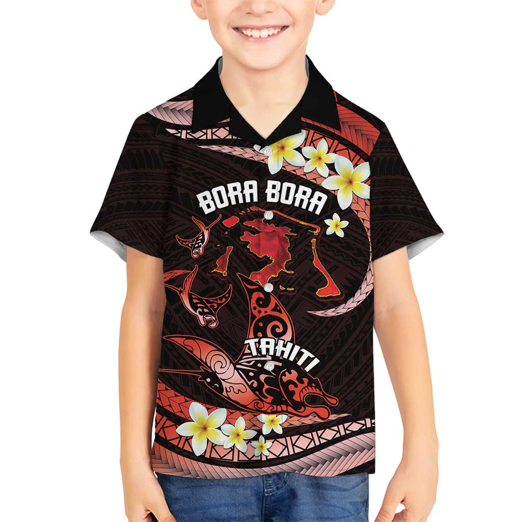 Personalised Tahiti Bora Bora Family Matching Summer Maxi Dress and Hawaiian Shirt Manta Rays With Polynesian Plumeria LT14 Son's Shirt Red - Polynesian Pride