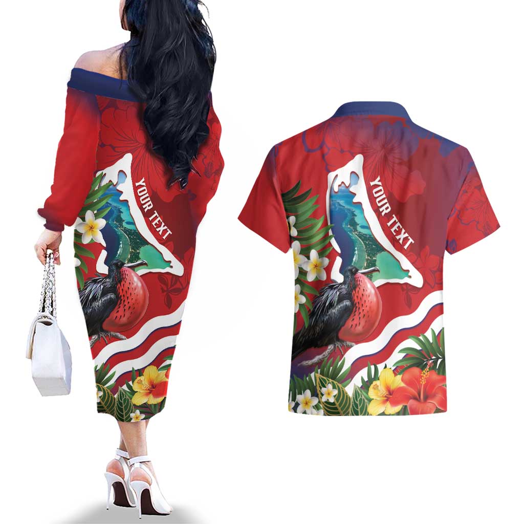 Personalised Kiribati Tarawa Atoll Couples Matching Off The Shoulder Long Sleeve Dress and Hawaiian Shirt Frigate Bird With Map Tropical Style LT14 - Polynesian Pride