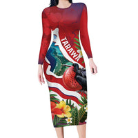 Personalised Kiribati Tarawa Atoll Family Matching Long Sleeve Bodycon Dress and Hawaiian Shirt Frigate Bird With Map Tropical Style LT14 Mom's Dress Red - Polynesian Pride