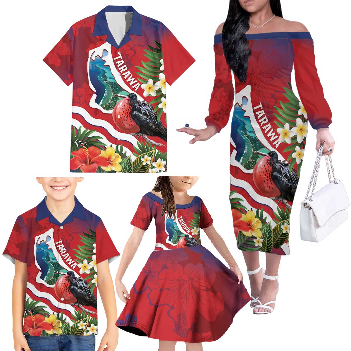Personalised Kiribati Tarawa Atoll Family Matching Off The Shoulder Long Sleeve Dress and Hawaiian Shirt Frigate Bird With Map Tropical Style LT14 - Polynesian Pride