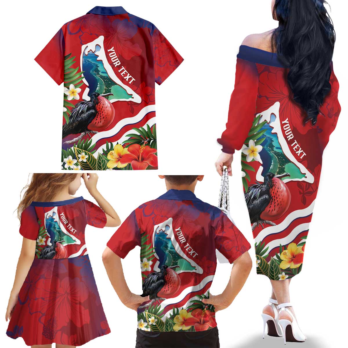 Personalised Kiribati Tarawa Atoll Family Matching Off The Shoulder Long Sleeve Dress and Hawaiian Shirt Frigate Bird With Map Tropical Style LT14 - Polynesian Pride