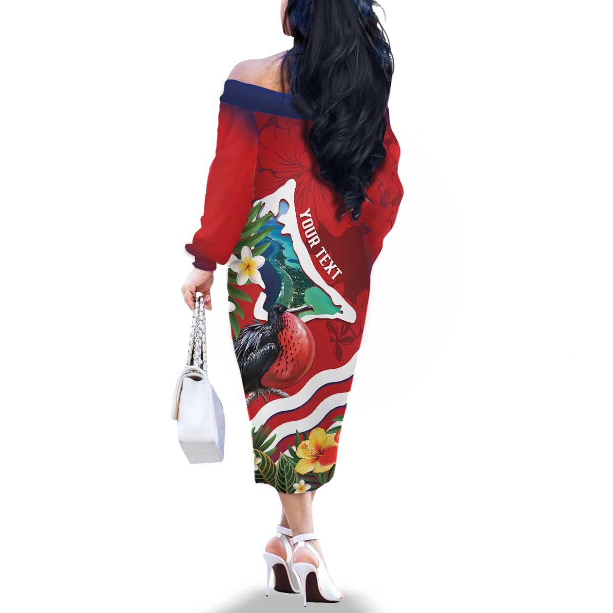 Personalised Kiribati Tarawa Atoll Family Matching Off The Shoulder Long Sleeve Dress and Hawaiian Shirt Frigate Bird With Map Tropical Style LT14 - Polynesian Pride
