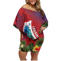 Personalised Kiribati Tarawa Atoll Family Matching Off Shoulder Short Dress and Hawaiian Shirt Frigate Bird With Map Tropical Style LT14 Mom's Dress Red - Polynesian Pride