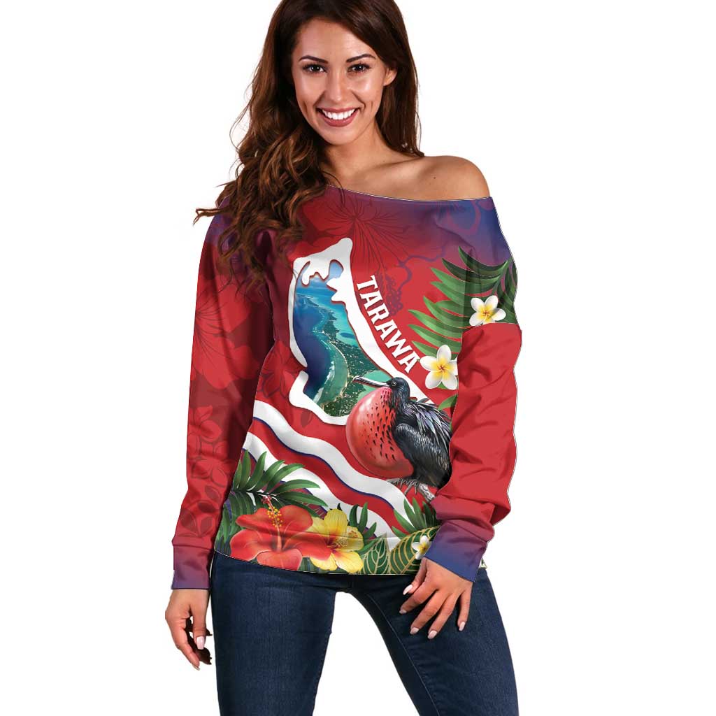 Personalised Kiribati Tarawa Atoll Off Shoulder Sweater Frigate Bird With Map Tropical Style LT14 Women Red - Polynesian Pride