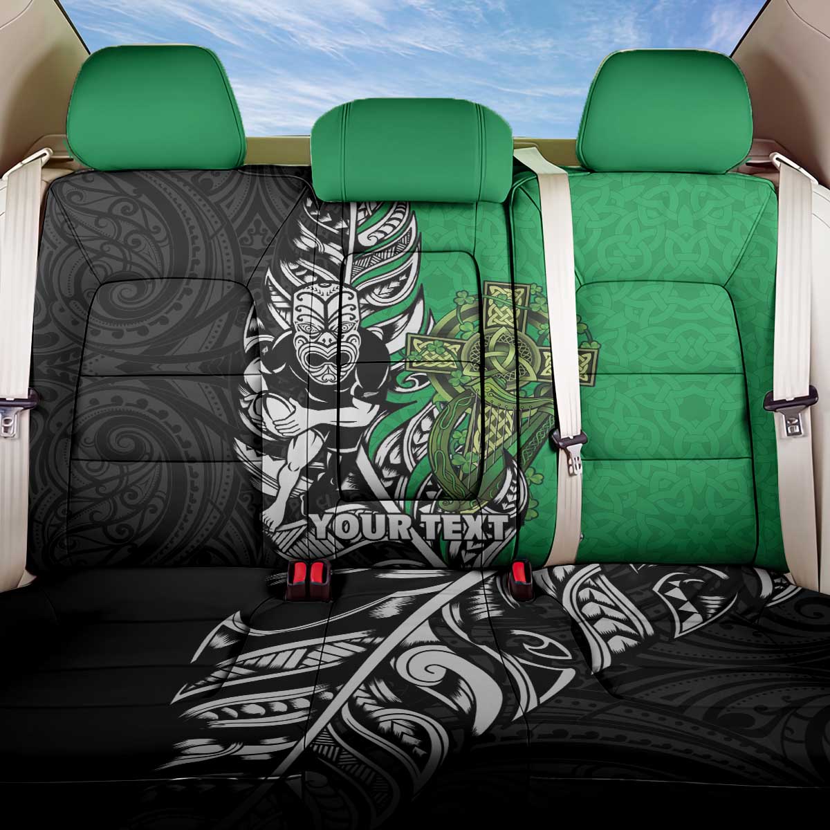 New Zealand and Ireland Rugby Custom Back Car Seat Cover Maori Tiki Fern Irish Celtic Cross - Polynesian Pride