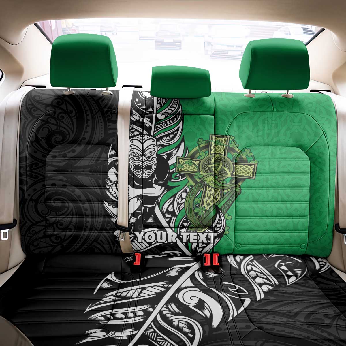 New Zealand and Ireland Rugby Custom Back Car Seat Cover Maori Tiki Fern Irish Celtic Cross LT14 - Polynesian Pride