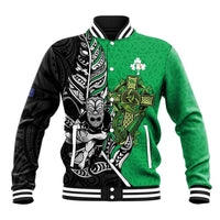 New Zealand and Ireland Rugby Custom Baseball Jacket Maori Tiki Fern Irish Celtic Cross - Polynesian Pride