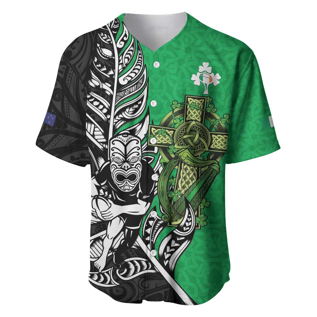 New Zealand and Ireland Rugby Custom Baseball Jersey Maori Tiki Fern Irish Celtic Cross - Polynesian Pride