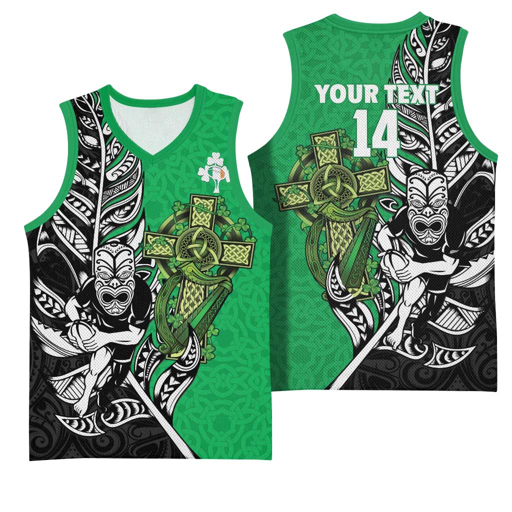 New Zealand and Ireland Rugby Custom Basketball Jersey Maori Tiki Fern Irish Celtic Cross - Polynesian Pride