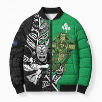 New Zealand and Ireland Rugby Custom Bomber Puffer Jacket Maori Tiki Fern Irish Celtic Cross - Polynesian Pride