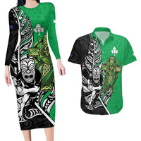 New Zealand and Ireland Rugby Custom Couples Matching Long Sleeve Bodycon Dress and Hawaiian Shirt Maori Tiki Fern Irish Celtic Cross - Polynesian Pride