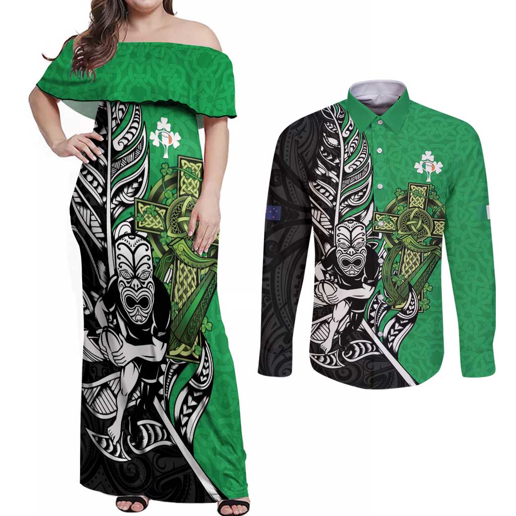 New Zealand and Ireland Rugby Custom Couples Matching Off Shoulder Maxi Dress and Long Sleeve Button Shirt Maori Tiki Fern Irish Celtic Cross LT14 Green - Polynesian Pride