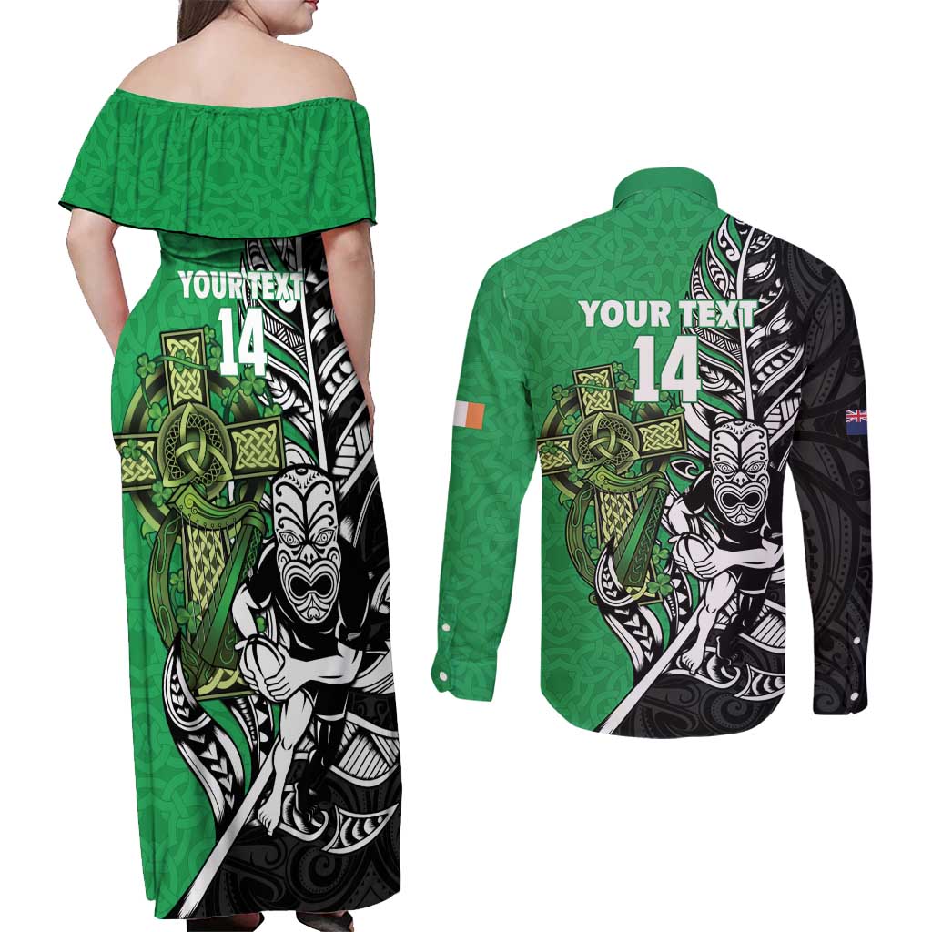 New Zealand and Ireland Rugby Custom Couples Matching Off Shoulder Maxi Dress and Long Sleeve Button Shirt Maori Tiki Fern Irish Celtic Cross LT14 - Polynesian Pride