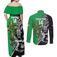 New Zealand and Ireland Rugby Custom Couples Matching Off Shoulder Maxi Dress and Long Sleeve Button Shirt Maori Tiki Fern Irish Celtic Cross LT14 - Polynesian Pride